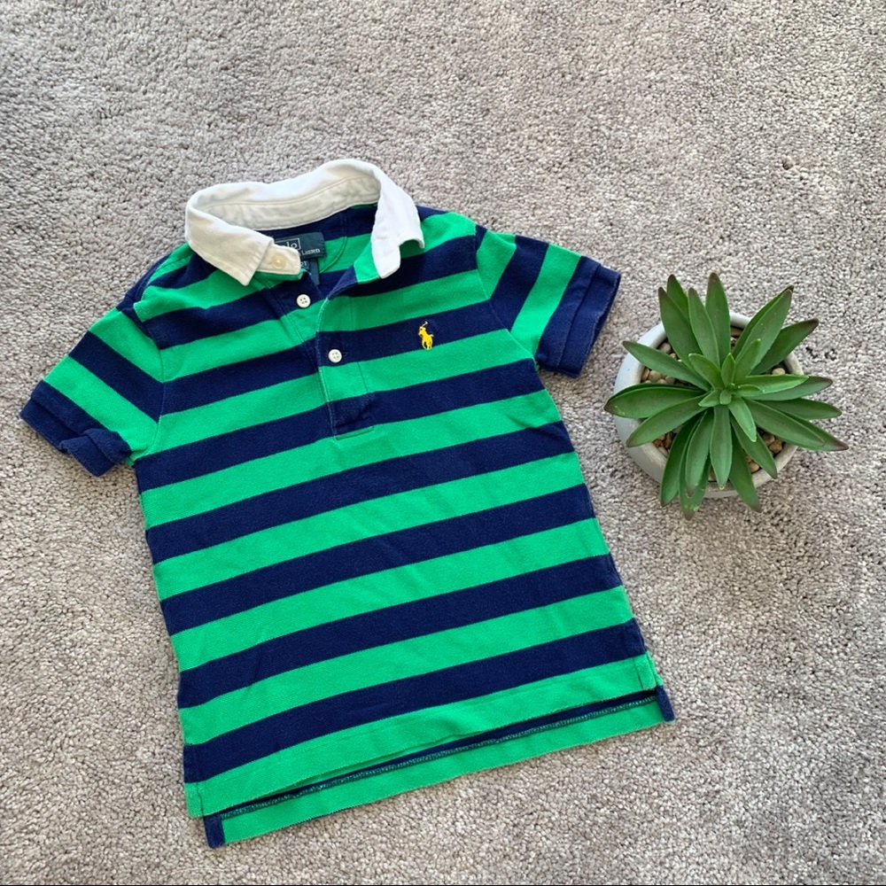 Polo by Ralph Lauren Green and Navy Striped Polo with White Collar